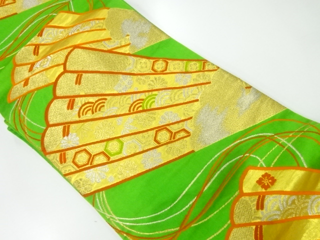 JAPANESE KIMONO / ANTIQUE FUKURO OBI / SILK / WOVEN FAN & FLOWER